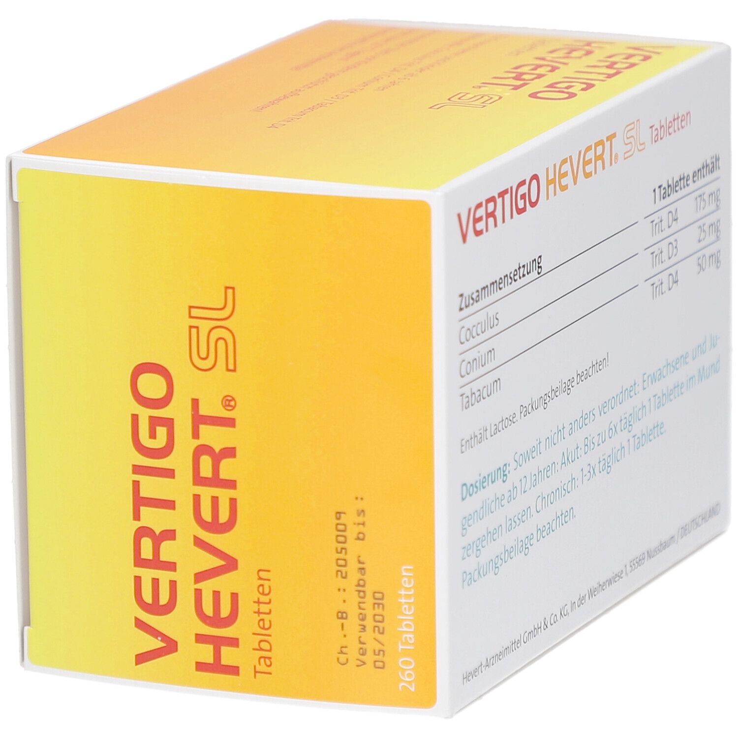 Schachtelrückseite mit Inhaltsangaben und Verfallsdatum. "VERTIGO HEVERT. SL"-Schriftzug.