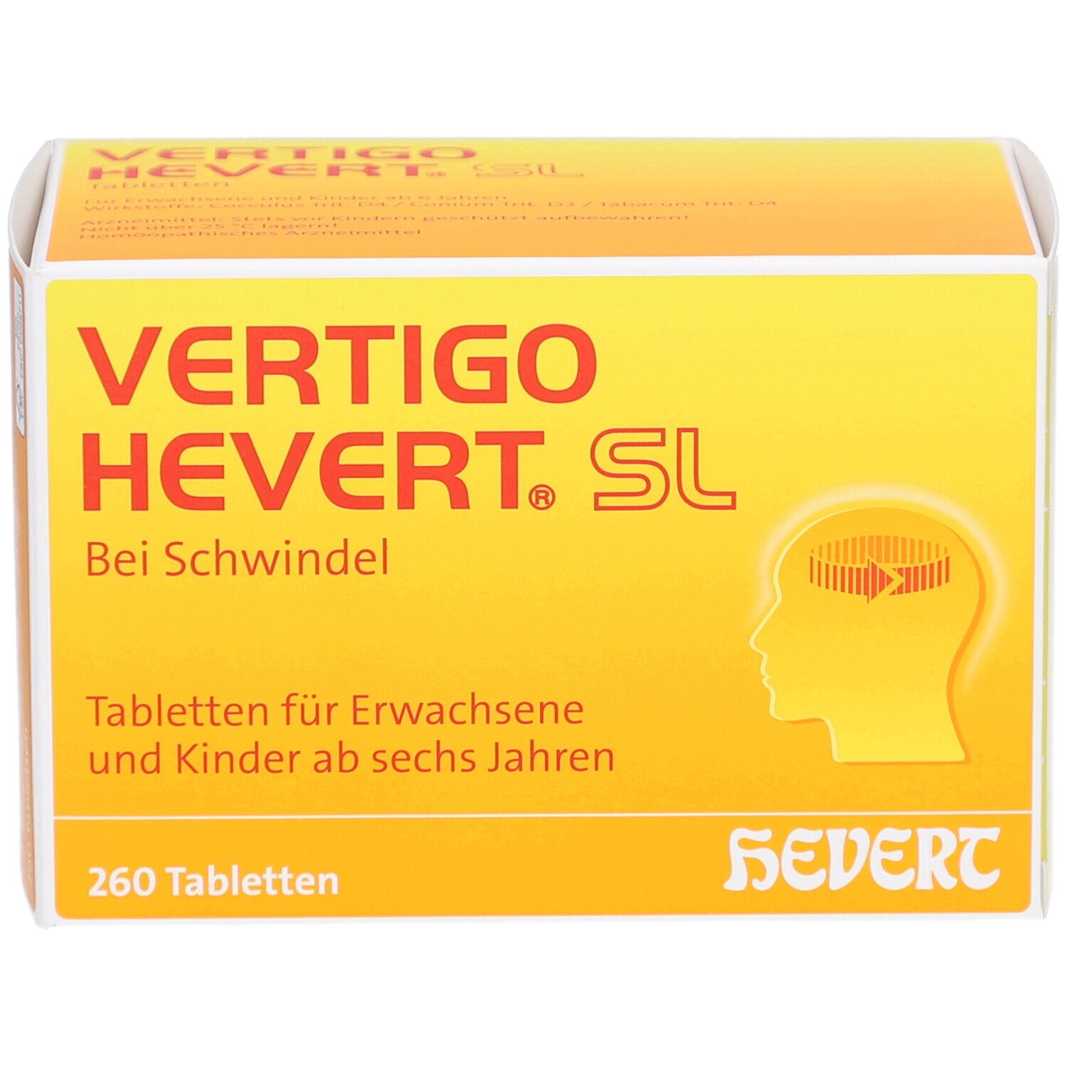 Gelbe Schachtel mit "VERTIGO HEVERT. SL"-Schriftzug. Enthält 260 Tabletten. Aufdruck: "Bei Schwindel".