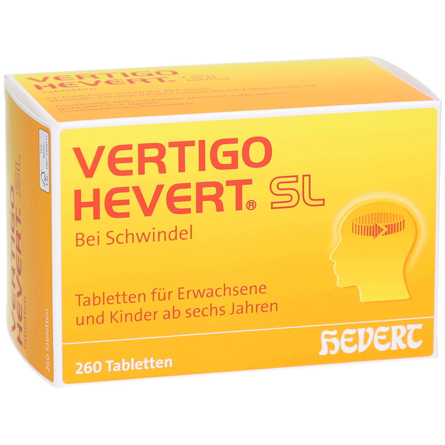 Gelbe Schachtel mit "VERTIGO HEVERT. SL"-Schriftzug. Enthält 260 Tabletten. Aufdruck: "Bei Schwindel".