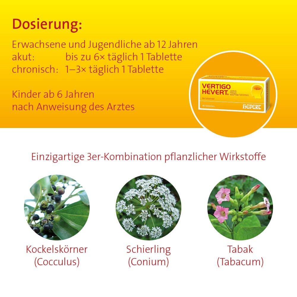 Infografik: Dosierung, 3 pflanzliche Wirkstoffe: Kockelskörner, Schierling, Tabak. Kleine "VERTIGO HEVERT"-Box.