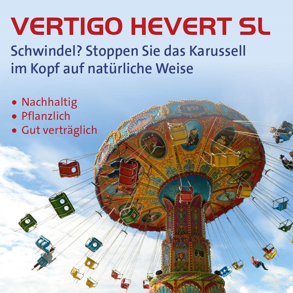 Karussell-Illustration. Text: "VERTIGO HEVERT SL". "Schwindel? Stoppen Sie das Karussell..." Nachhaltig, pflanzlich, gut verträglich.