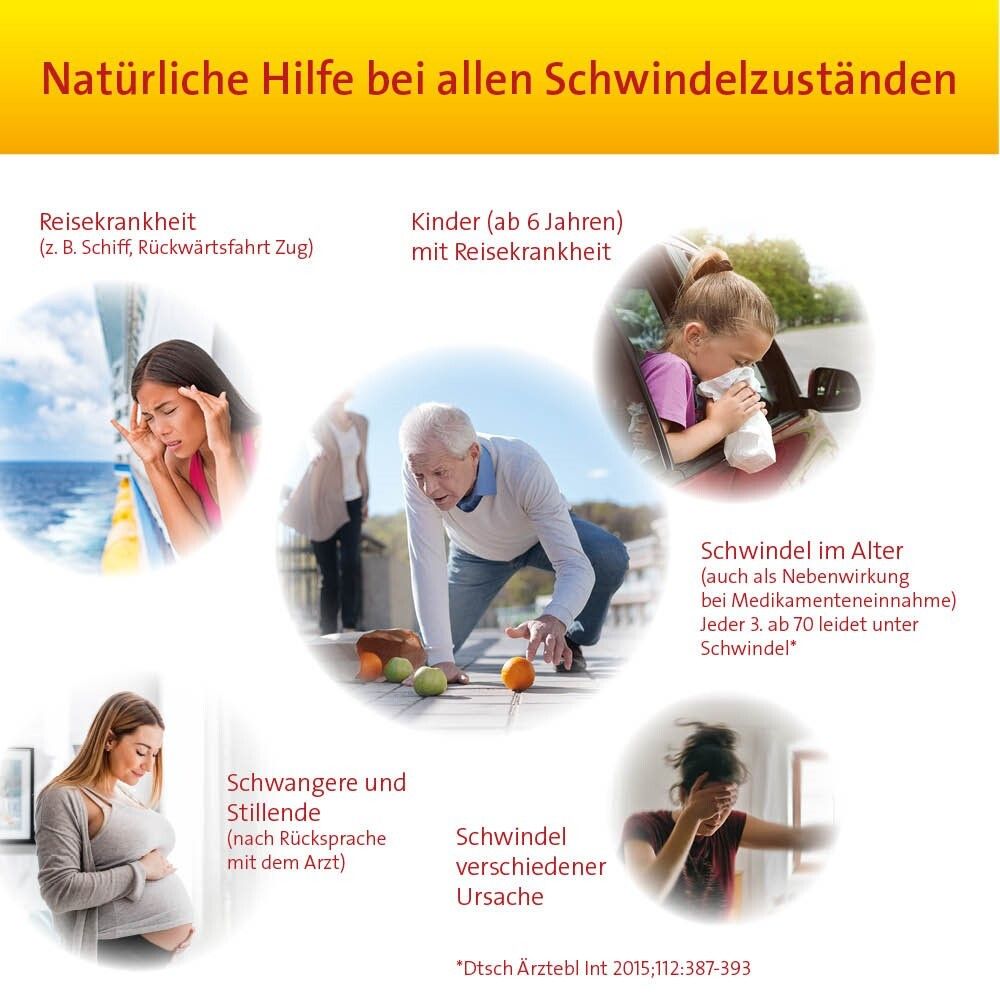 Illustration: Natürliche Hilfe bei Schwindel. Reisekrankheit, Kinder, Alter, Schwangere, verschiedene Ursachen.