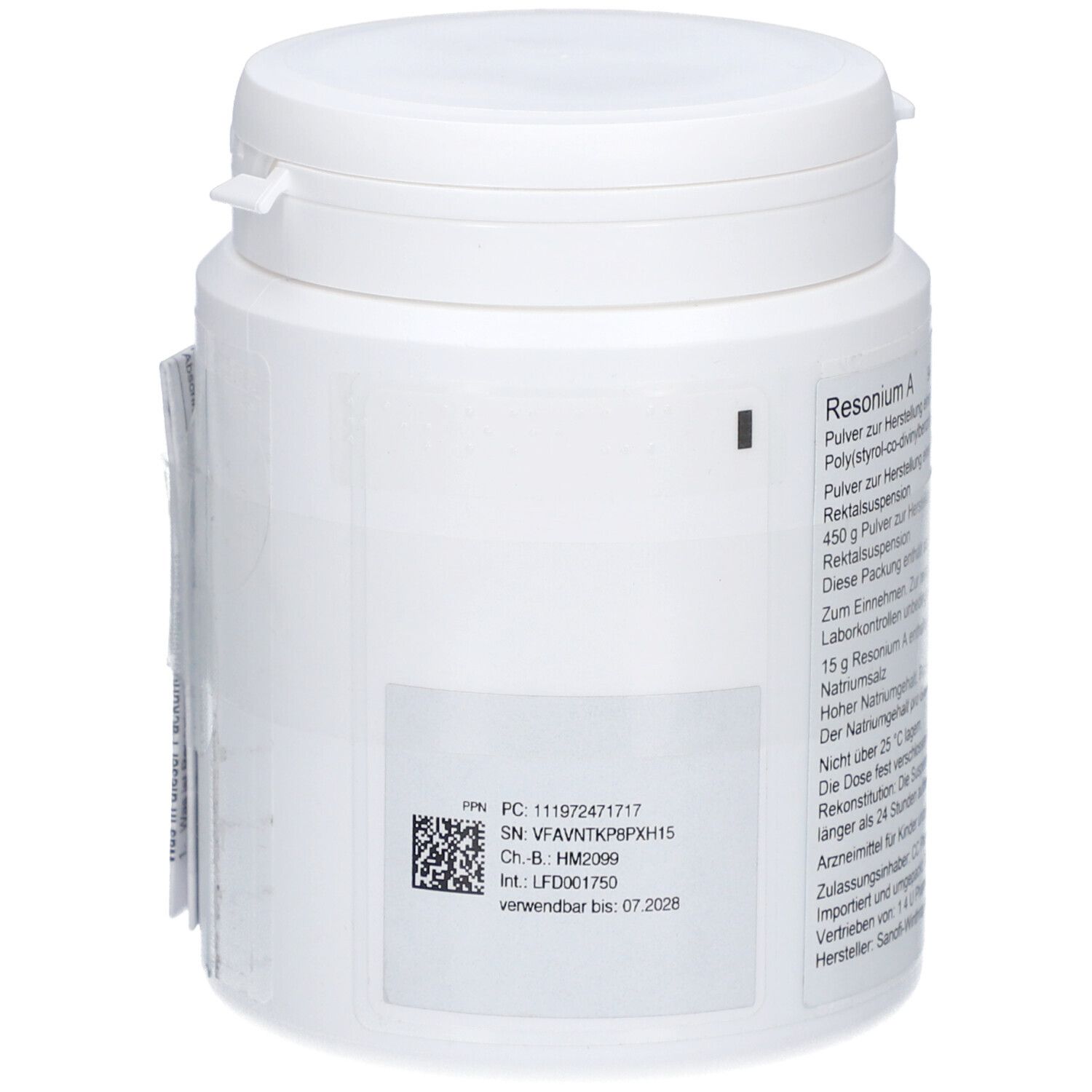 Weiße Dose mit Schraubverschluss. Aufkleber mit Produktinformationen und Barcode. Text in deutscher Sprache.
