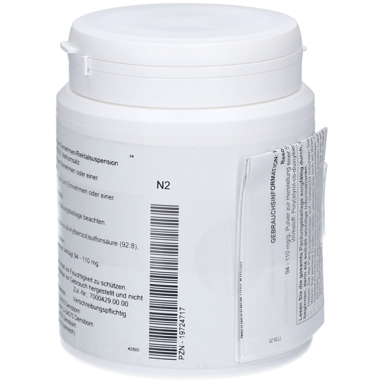 Weiße Dose mit Schraubverschluss. Aufkleber mit Produktinformationen. Text in deutscher Sprache.