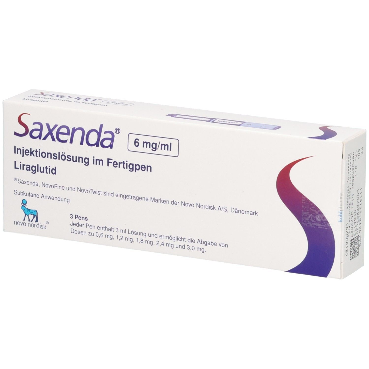 Schachtel mit SAXENDA 6 mg/ml Injektionslsg.i.e.Fertigpen. Enthält 3 Pens. Aufschrift: Injektionslösung im Fertigpen, Liraglutid.