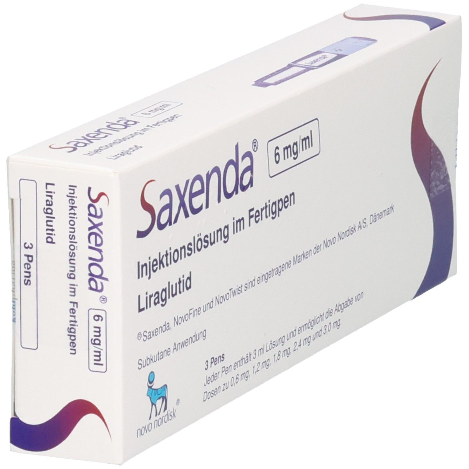 Schachtel SAXENDA 6 mg/ml Injektionslsg.i.e.Fertigpen. Enthält 3 Pens. Aufschrift: Injektionslösung im Fertigpen, Liraglutid.
