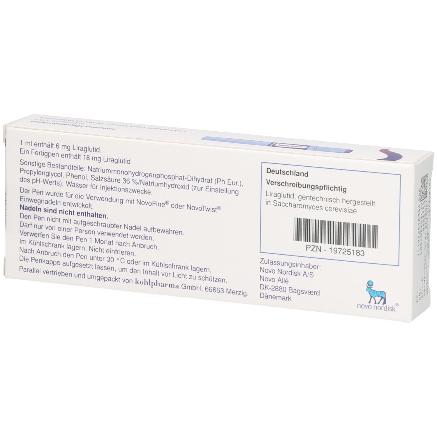 Rückseite der SAXENDA-Verpackung. Enthält Informationen wie Inhaltsstoffe, Hersteller, und PZN-Nummer.