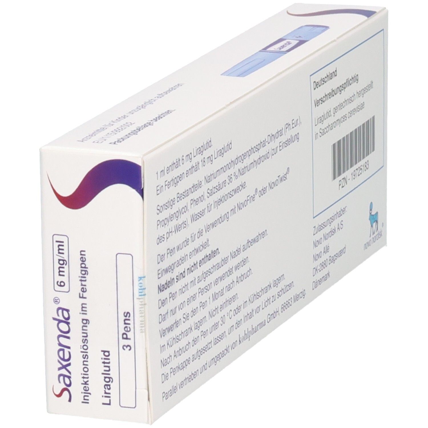 Schachtel SAXENDA 6 mg/ml Injektionslsg.i.e.Fertigpen. Rückseite mit Informationen. Enthält 3 Pens. Liraglutid.