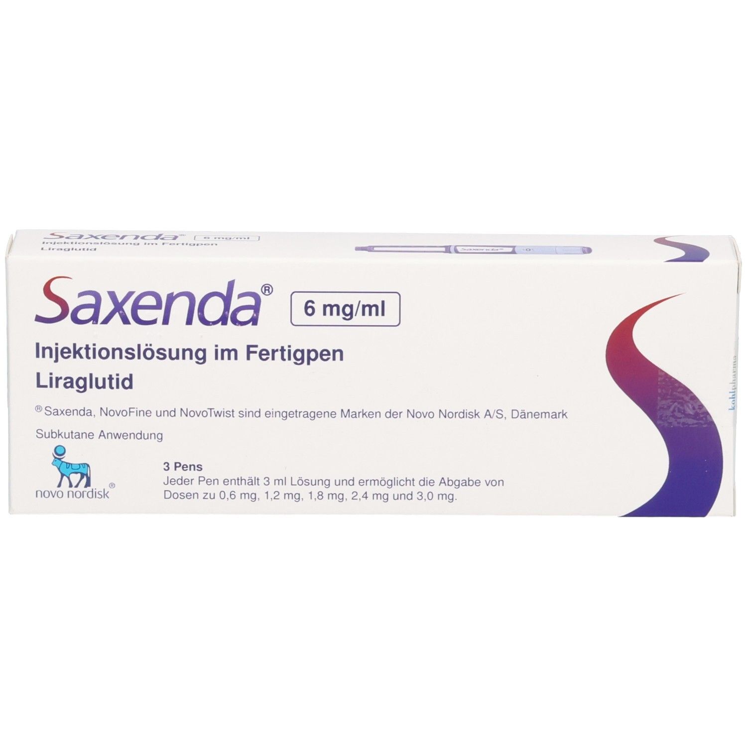 Schachtel SAXENDA 6 mg/ml Injektionslsg.i.e.Fertigpen. Enthält 3 Pens. Aufschrift: Injektionslösung im Fertigpen, Liraglutid.