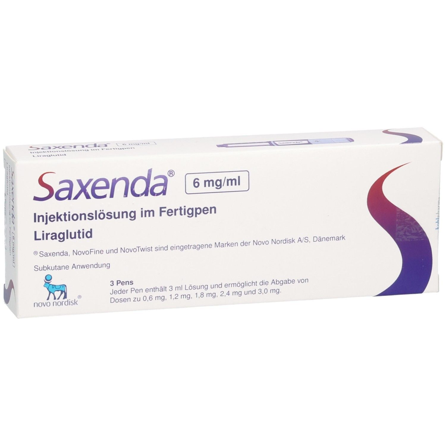 Schachtel SAXENDA 6 mg/ml Injektionslsg.i.e.Fertigpen. Enthält 3 Pens. Aufschrift: Injektionslösung im Fertigpen, Liraglutid.