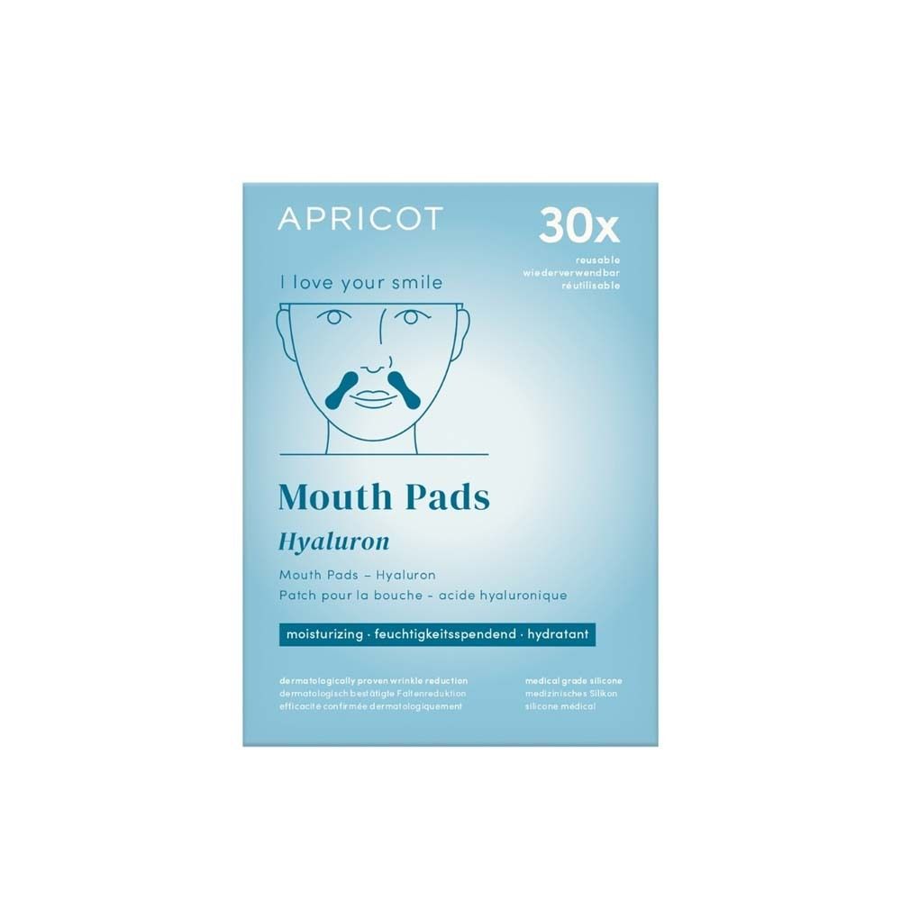 Verpackung mit Mund Pads. Marke APRICOT. 30 Stück. Aufschrift: Mouth Pads Hyaluron.