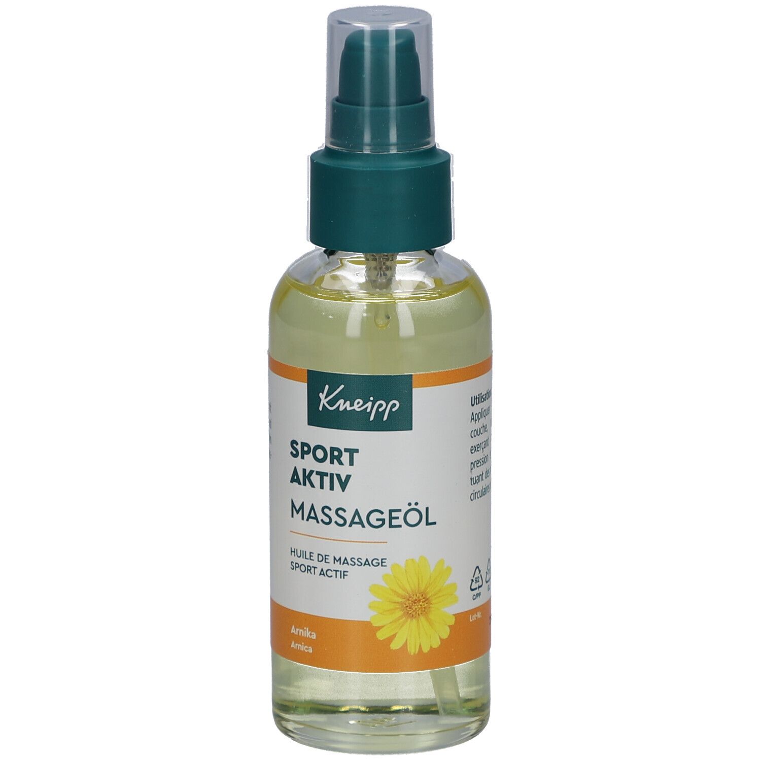 Kneipp Sport Aktiv Massageöl. Klare Glasflasche mit grünem Sprühkopf. Etikett mit Produktnamen und Blüte.