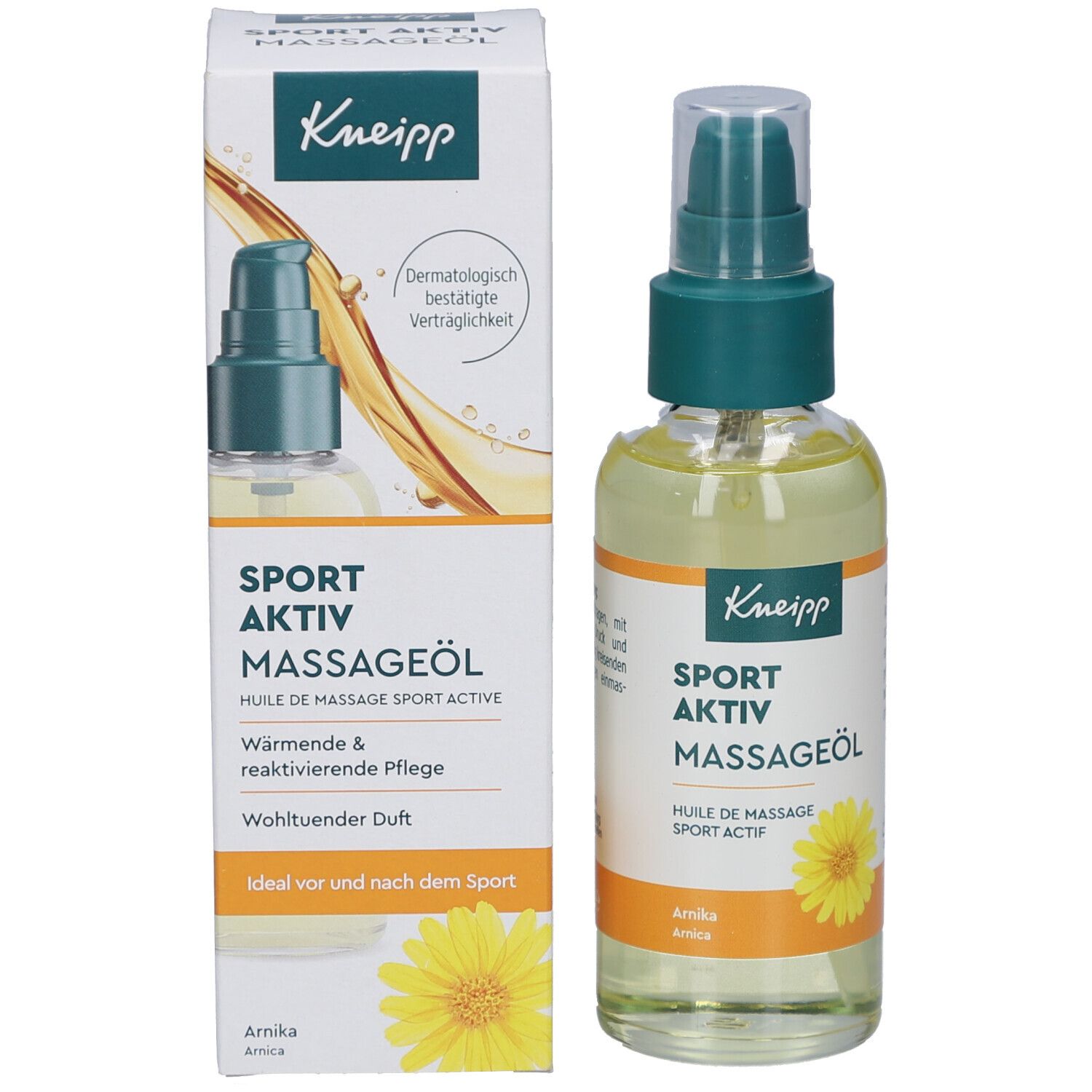 Kneipp Sport Aktiv Massageöl. Flasche und Verpackung. Verpackung mit Produktnamen und Logo. Flasche mit Sprühkopf.