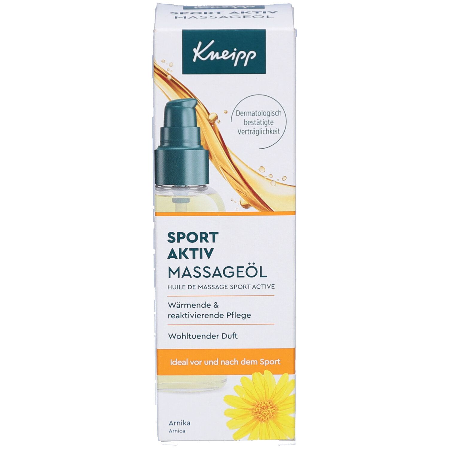 Kneipp Sport Aktiv Massageöl. Verpackung und Flasche. Verpackung mit Produktnamen und Logo. Flasche mit Sprühkopf.
