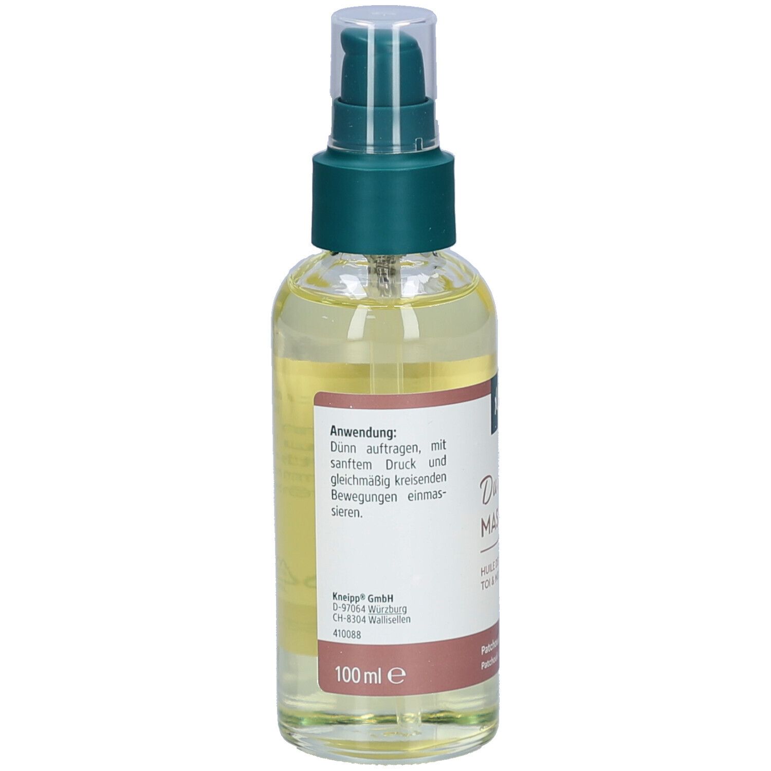 Kneipp Massageöl-Flasche, Rückseite. Text: Anwendung. 100 ml. Kneipp GmbH. Inhaltsstoffe und Anwendungshinweise.