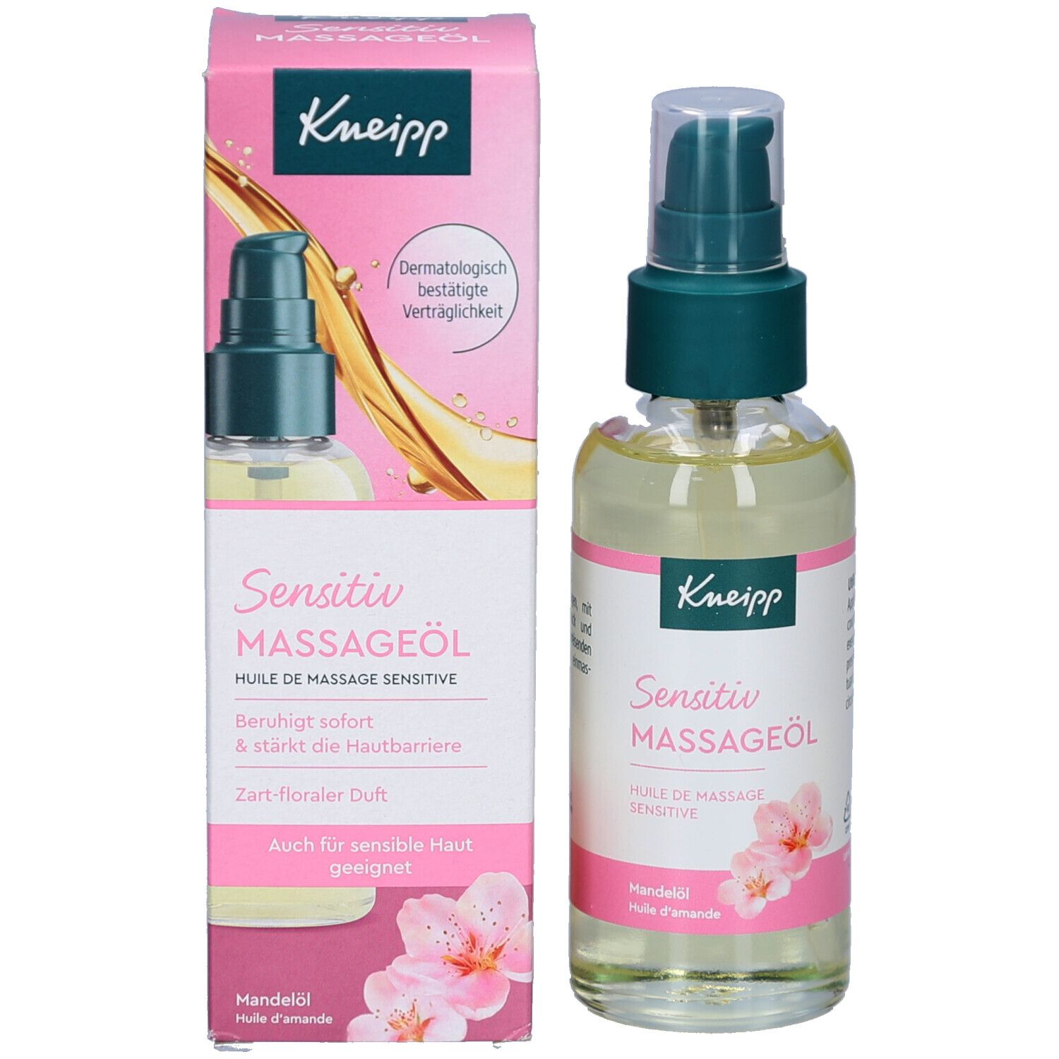 Kneipp Sensitiv Massageöl Flasche und Verpackung. Flasche mit grünem Pumpkopf. Rosa Verpackung mit Produktname.