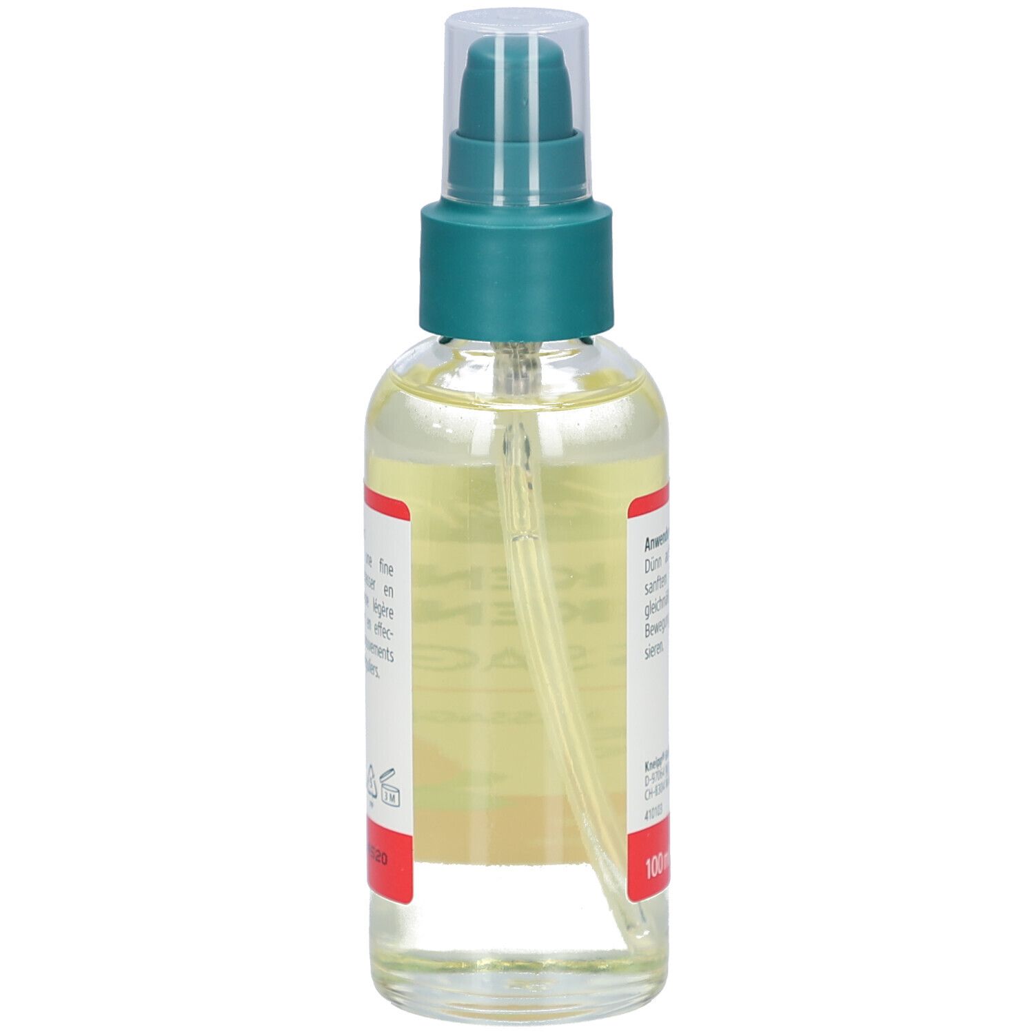 Klarflüssiges Massageöl in einer transparenten Flasche mit grünem Pumpkopf. Etiketten mit Text.