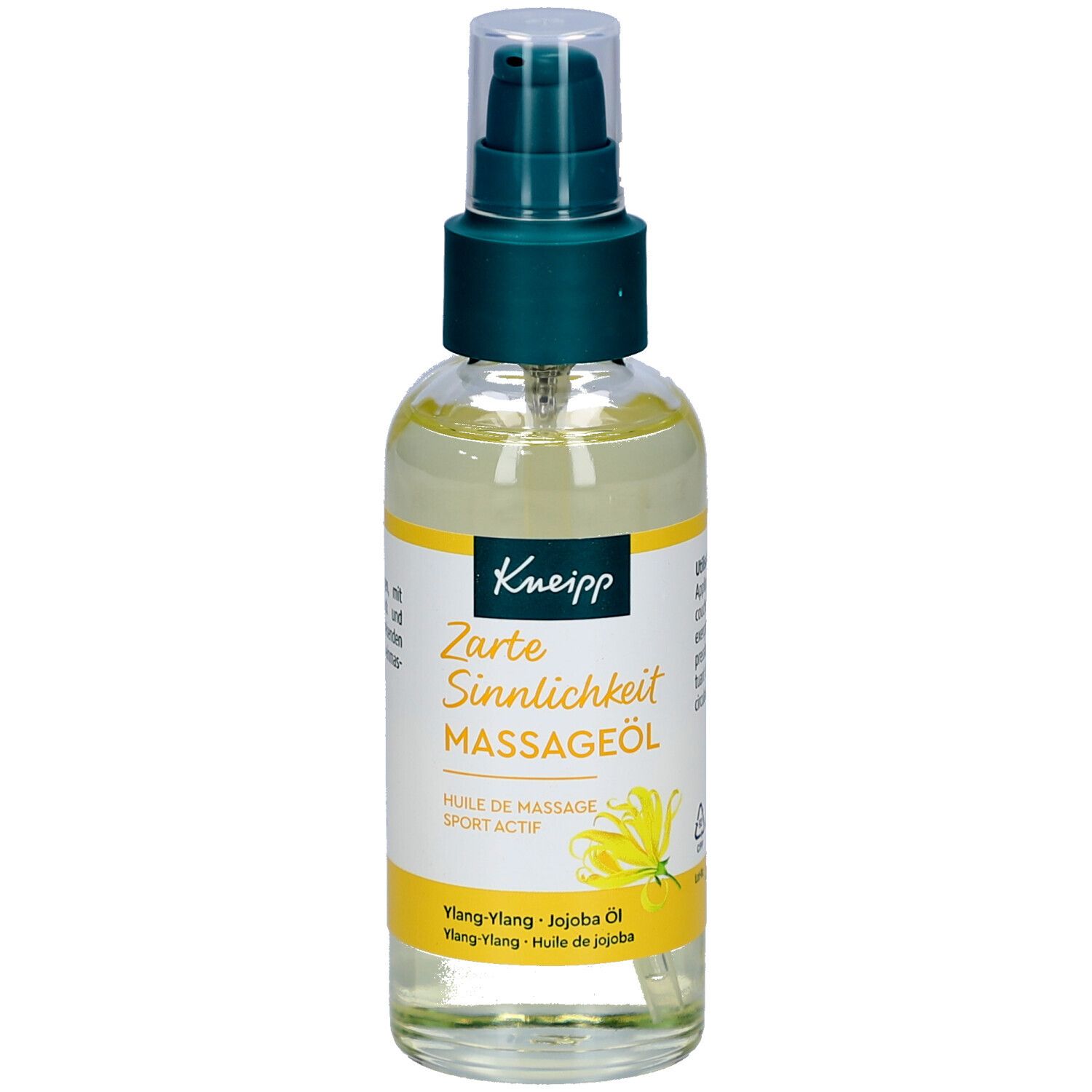 Kneipp Massageöl-Flasche mit Sprühkopf. Gelbe Flüssigkeit, gelbes Etikett mit Text. Ylang-Ylang, Jojoba Öl.