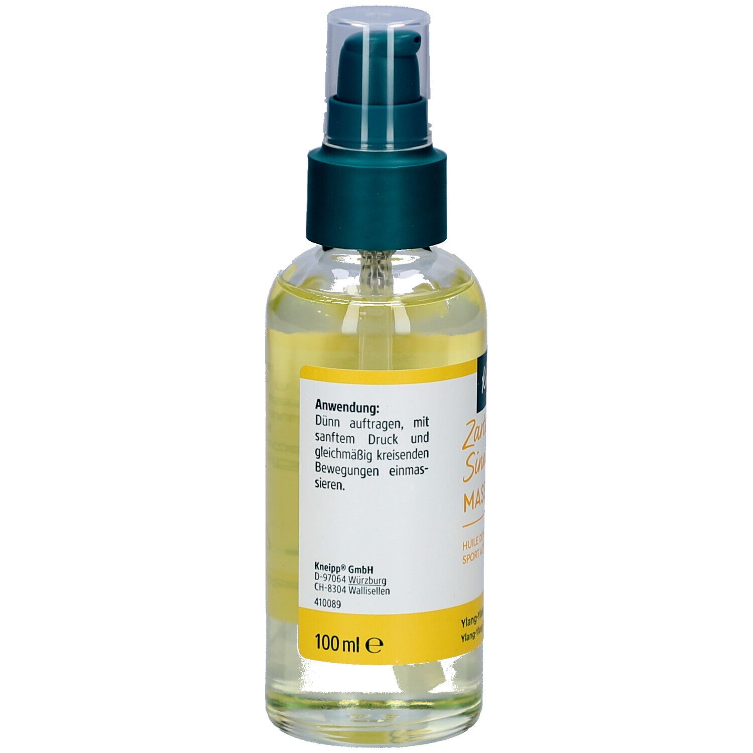 Rückseite der Kneipp Massageöl-Flasche. Gelbe Flüssigkeit, gelbes Etikett mit Text. 100 ml. Anwendungshinweise.
