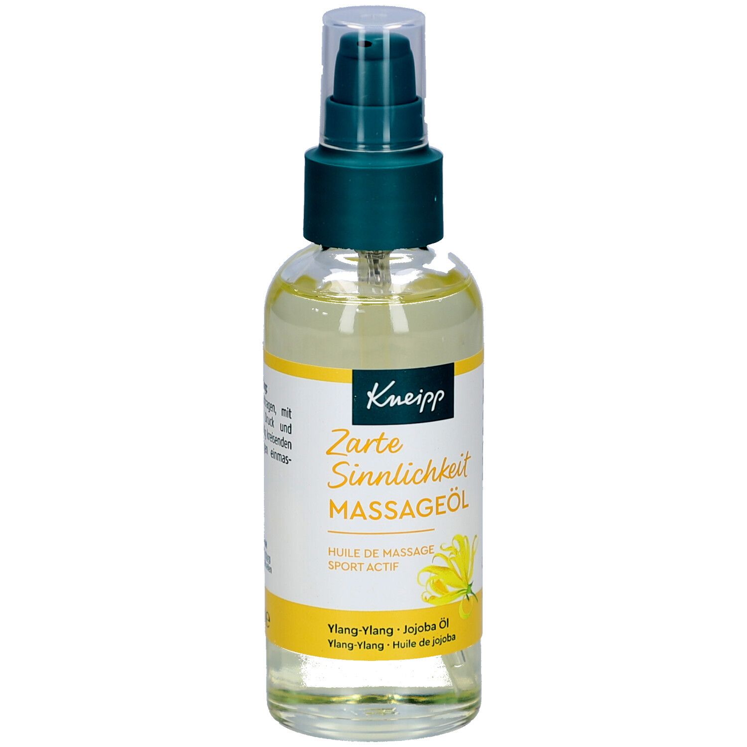 Kneipp Massageöl-Flasche mit Sprühkopf. Gelbe Flüssigkeit, gelbes Etikett mit Text. Ylang-Ylang, Jojoba Öl.