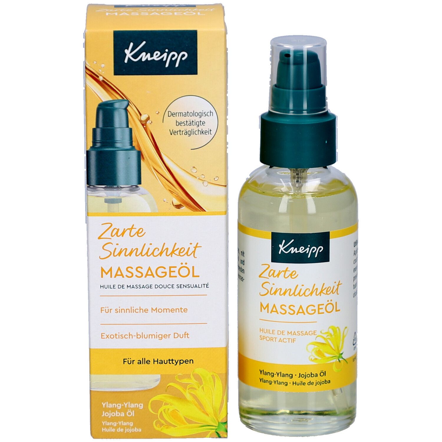 Kneipp Massageöl-Flasche und Karton. Gelbe Flüssigkeit, gelbes Etikett, gelber Karton. Für alle Hauttypen.