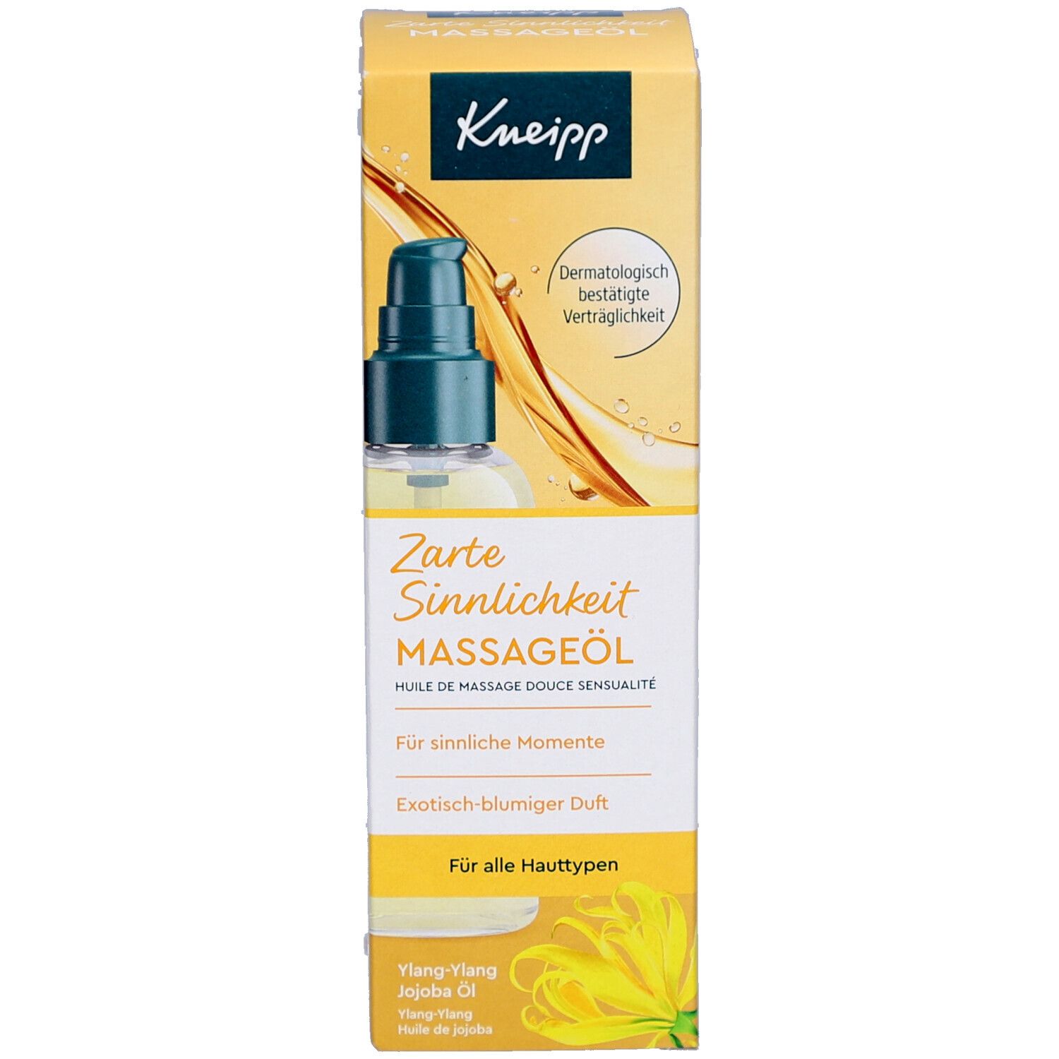Karton für Kneipp Massageöl. Gelb, mit Text und Produktabbildung. Für alle Hauttypen.