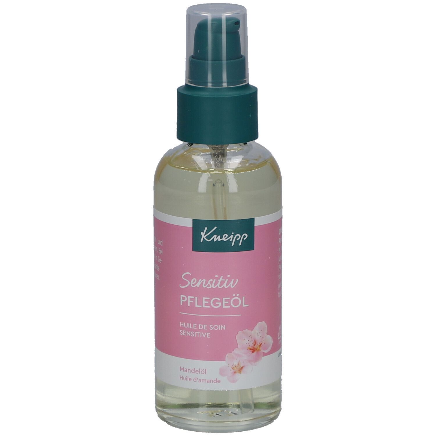 Kneipp Sensitiv Pflegeöl. Transparente Glasflasche mit grünem Pumpkopf. Rosa Etikett mit Produktnamen und Blüten.