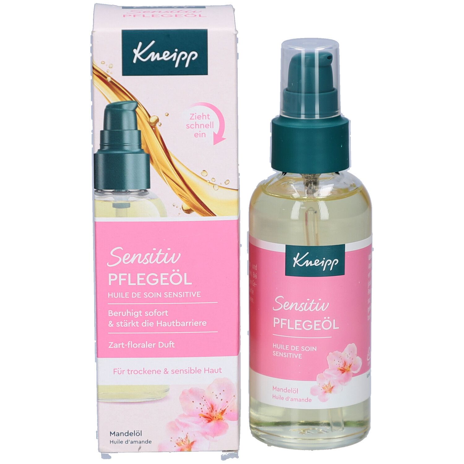 Kneipp Sensitiv Pflegeöl Flasche und Verpackung. Flasche mit grünem Pumpkopf. Verpackung mit Produktnamen und Text.