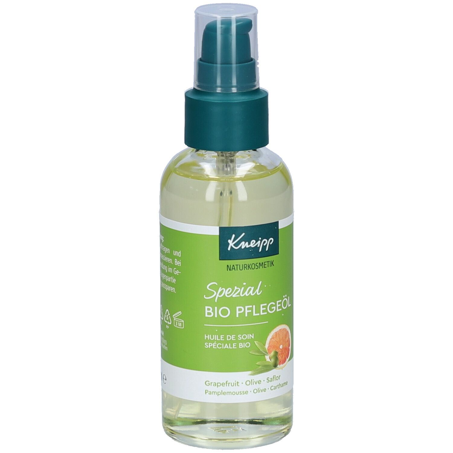 Kneipp Spezial Bio Pflegeöl Flasche. Grün-weißes Etikett mit Produktnamen und Inhaltsstoffen. Grapefruit, Olive, Saflor.