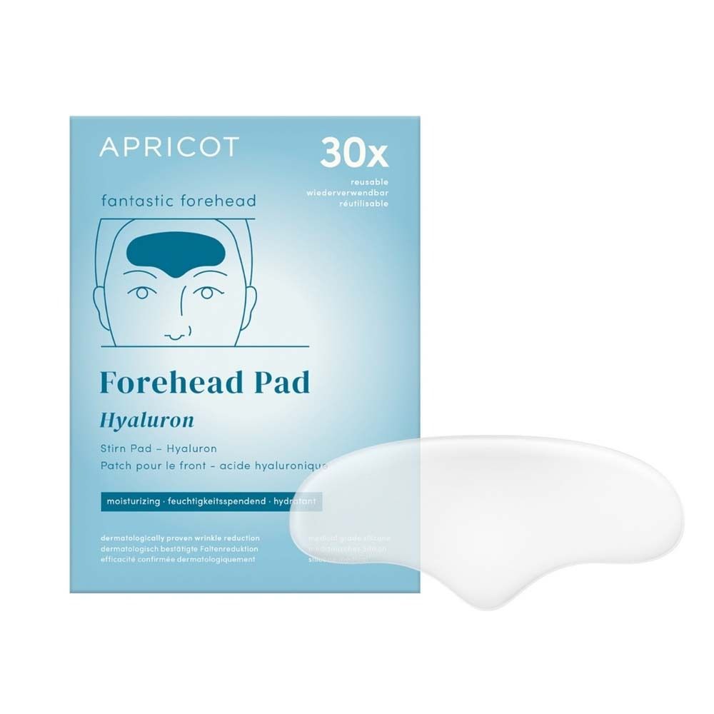Verpackung mit Stirn Pad. Marke APRICOT. Text: Forehead Pad Hyaluron. 30x. Wiederverwendbar. Transparentes Stirn Pad daneben.