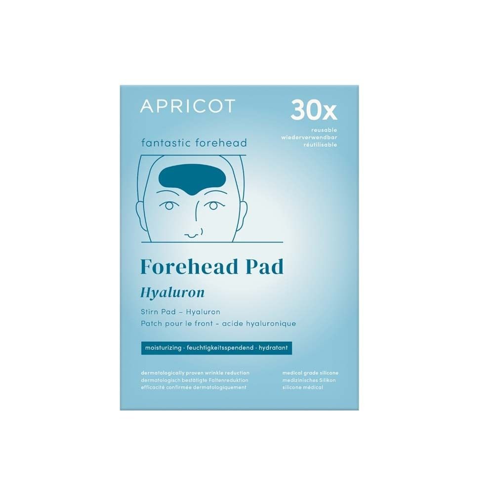 Verpackung mit Stirn Pad. Marke APRICOT. Text: Forehead Pad Hyaluron. 30x. Wiederverwendbar. Blau-weiß.