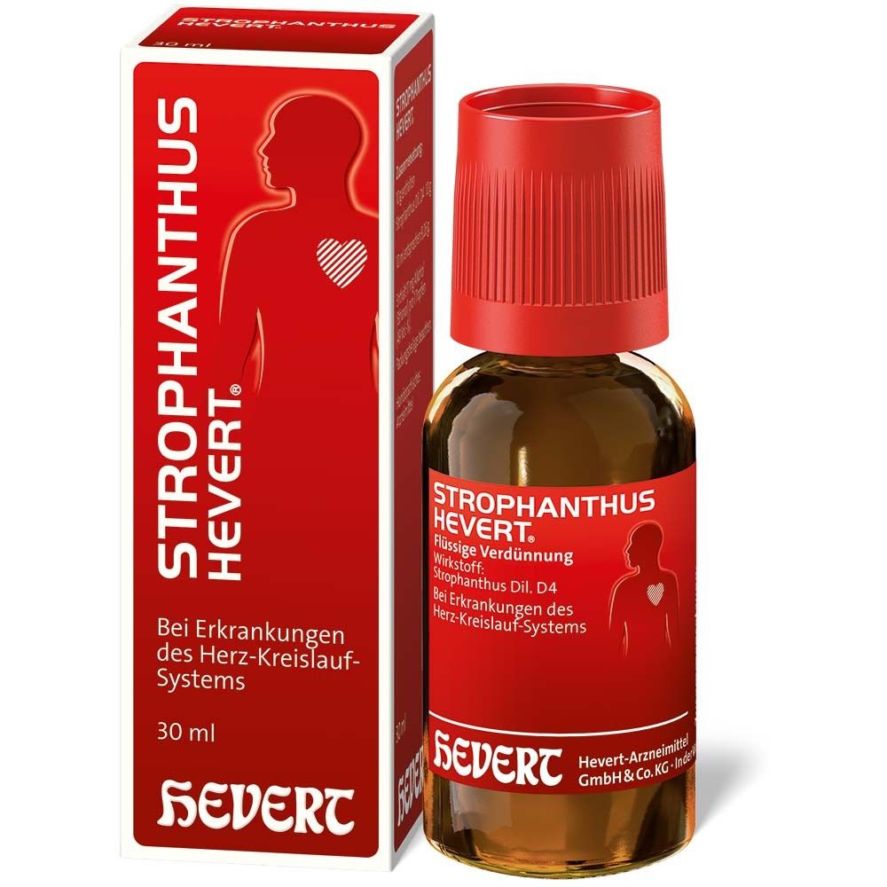 Braune Tropfenflasche mit rotem Verschluss und roter Verpackung. Aufschrift: Strophanthus Hevert, Hevert-Arzneimittel.