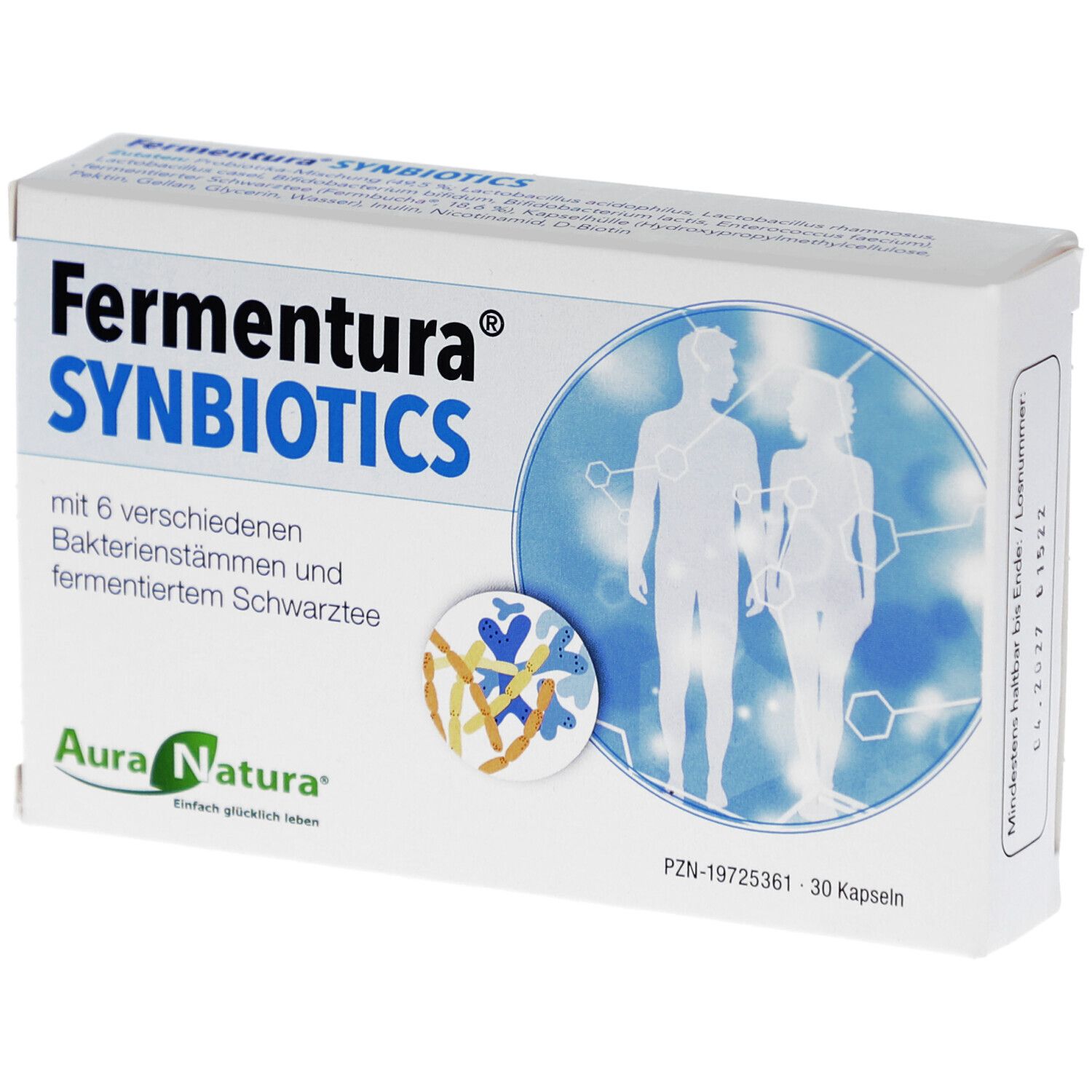 Weiße Schachtel mit "Fermentura Synbiotics"-Aufdruck. Logo "Aura Natura". 30 Kapseln. Illustration von Personen.