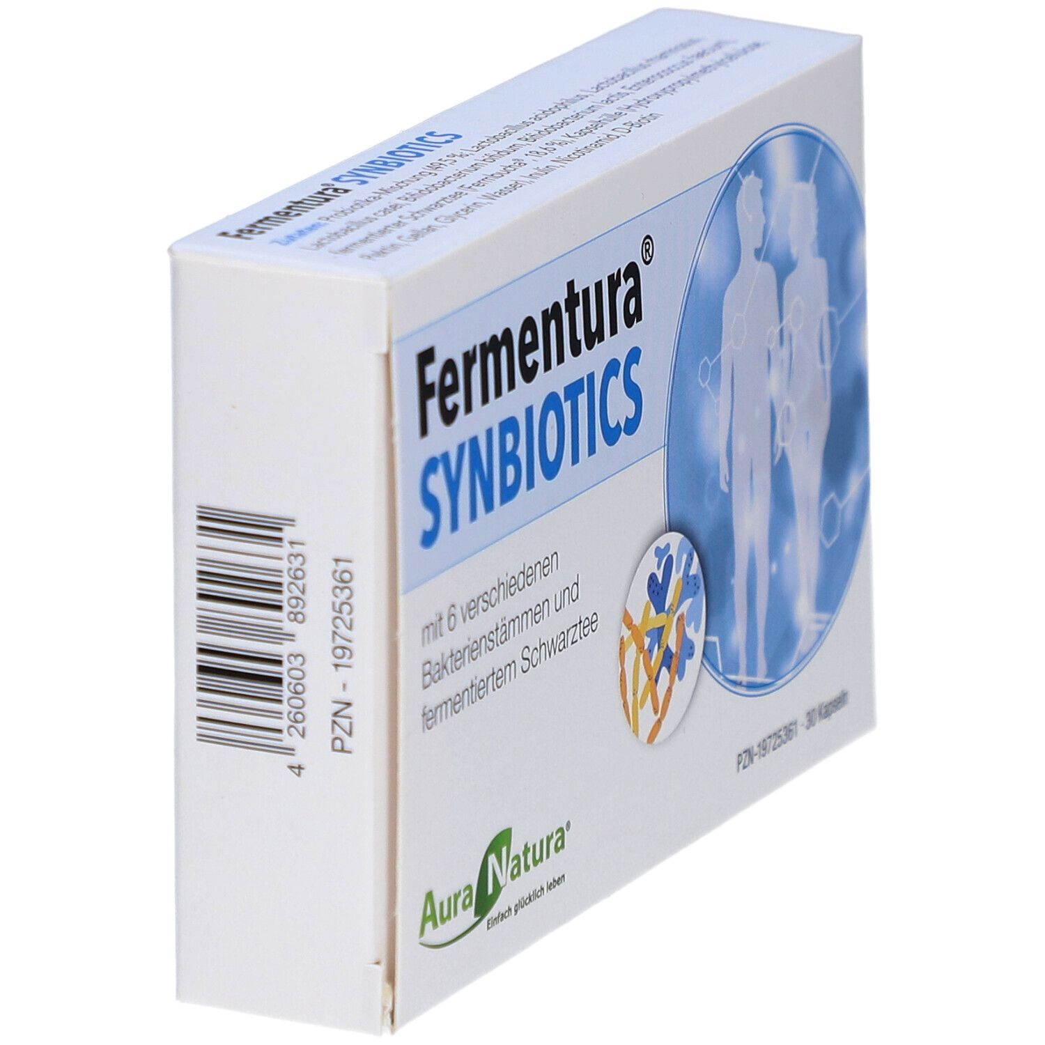 Weiße Schachtel mit "Fermentura Synbiotics"-Aufdruck. Logo "Aura Natura". Barcode und PZN-Nummer.