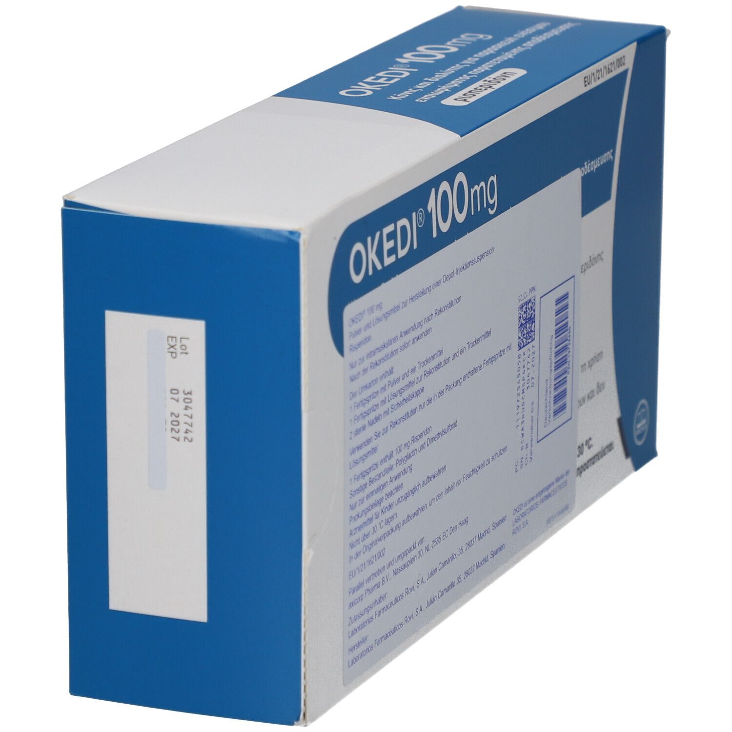 Schachtel mit OKEDI 100mg. Griechischer Text. Enthält Injektionszubehör. Ansicht von der Seite.