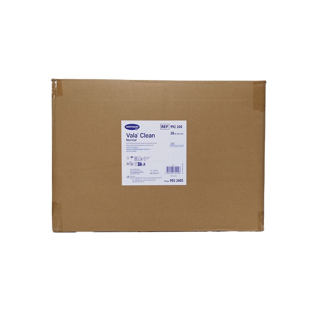 Braune Kartonverpackung. Aufkleber mit Produktnamen: Vala' Clean Normal. Weitere Informationen und Symbole auf dem Etikett.
