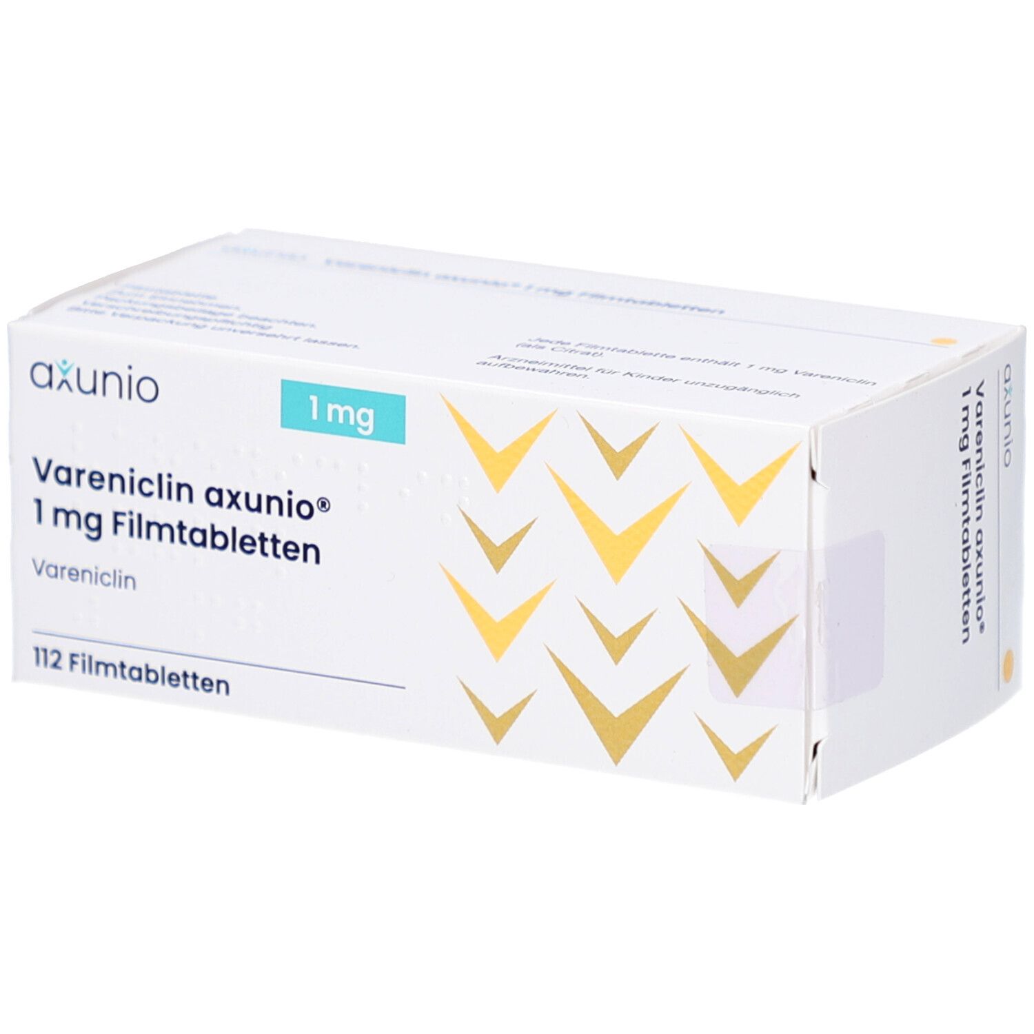Schachtel mit Vareniclin axunio 1 mg Filmtabletten. Aufschrift: 112 Filmtabletten. Marke axunio. Blaue und goldene Elemente.