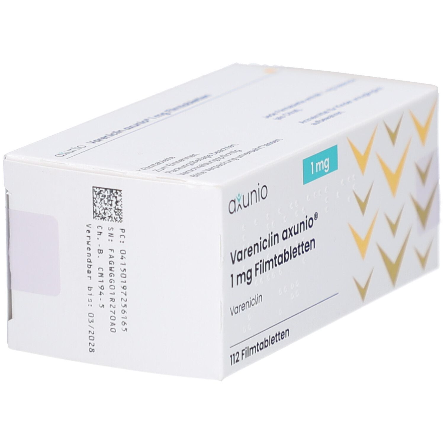 Schachtel mit Vareniclin axunio 1 mg Filmtabletten. Aufschrift: 112 Filmtabletten. Marke axunio. Blaue und goldene Elemente.