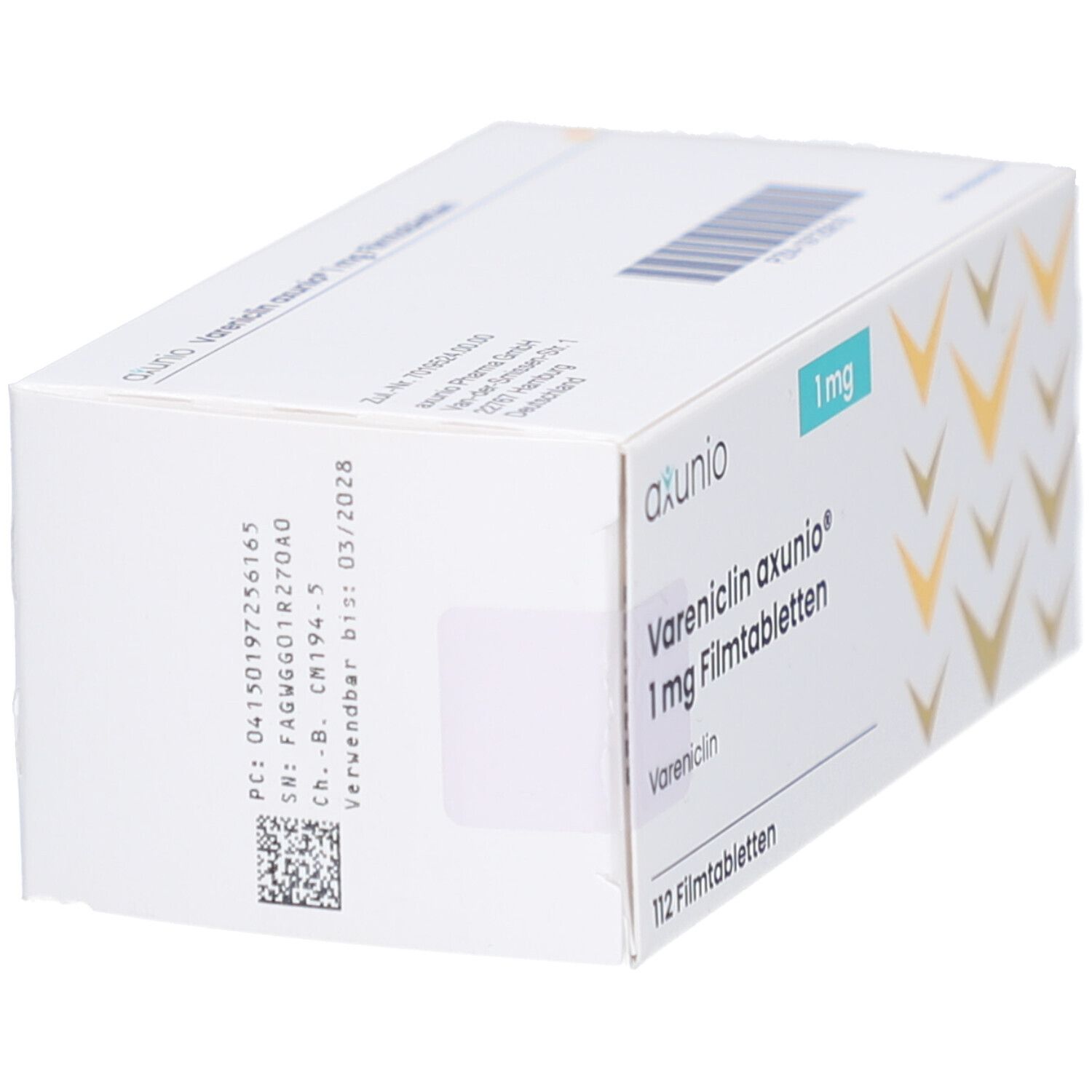 Schachtel mit Vareniclin axunio 1 mg Filmtabletten. Aufschrift: 112 Filmtabletten. Marke axunio. Blaue und goldene Elemente.