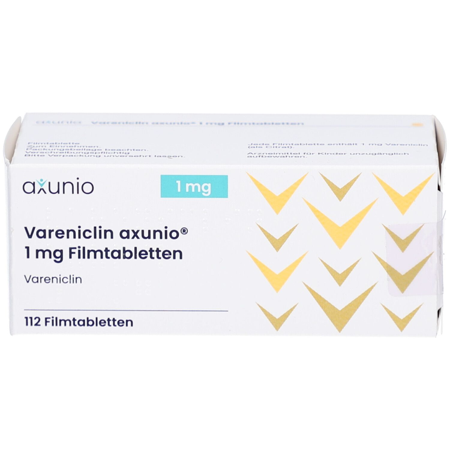 Schachtel mit Vareniclin axunio 1 mg Filmtabletten. Aufschrift: 112 Filmtabletten. Marke axunio. Blaue und goldene Elemente.
