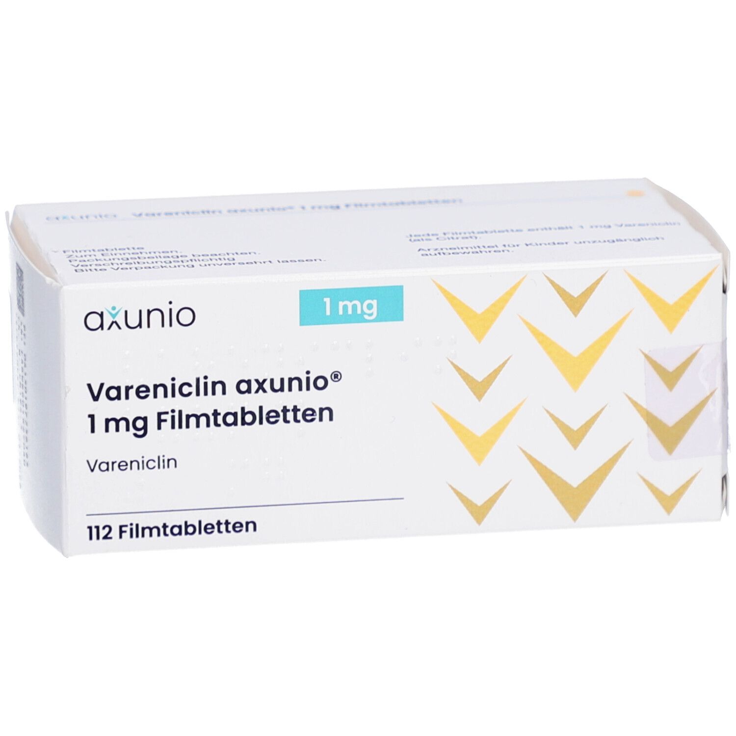 Schachtel mit Vareniclin axunio 1 mg Filmtabletten. Aufschrift: 112 Filmtabletten. Marke axunio. Blaue und goldene Elemente.