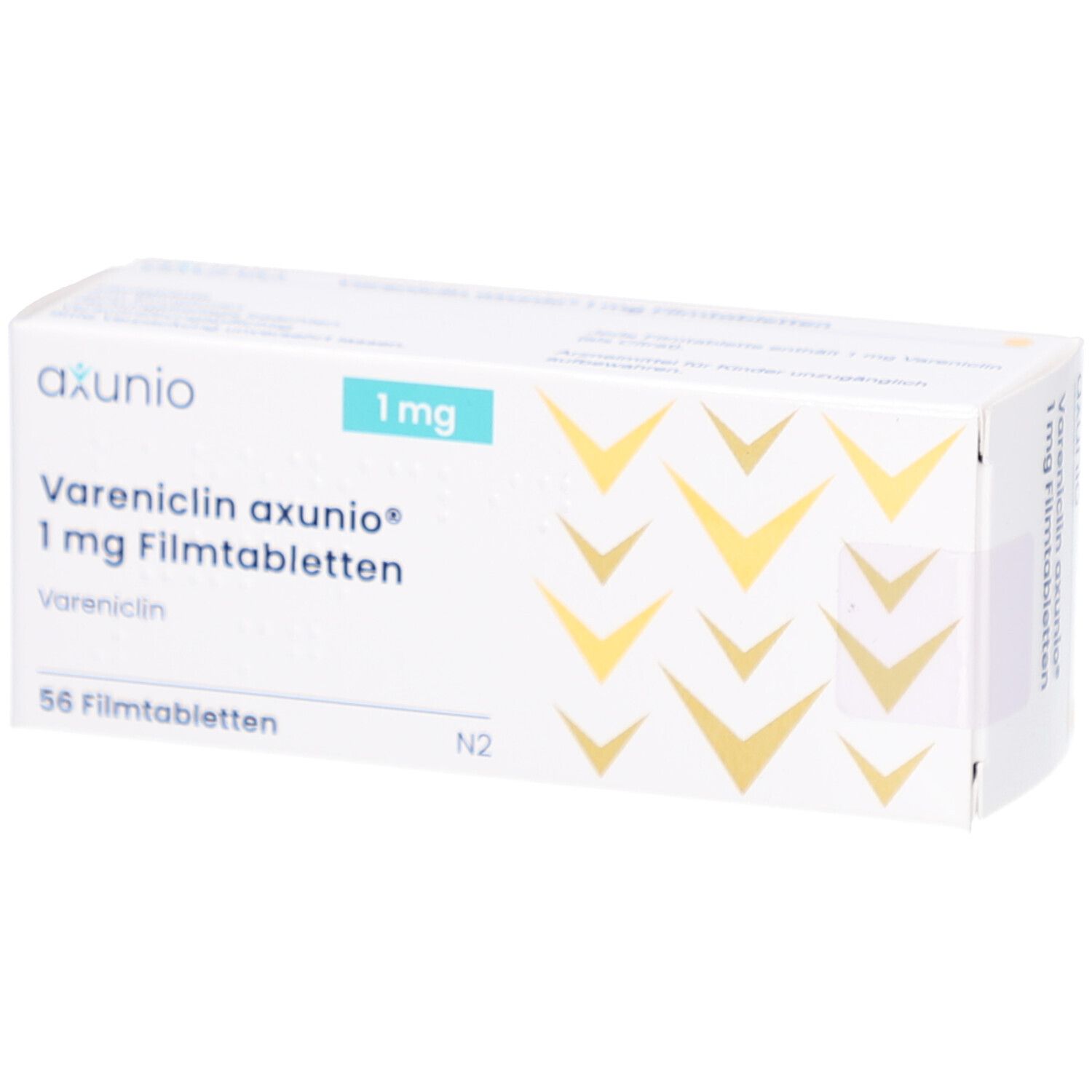 Schachtel mit Vareniclin axunio 1 mg Filmtabletten. Aufschrift: 56 Filmtabletten. Logo axunio. Blaue 1 mg Markierung.