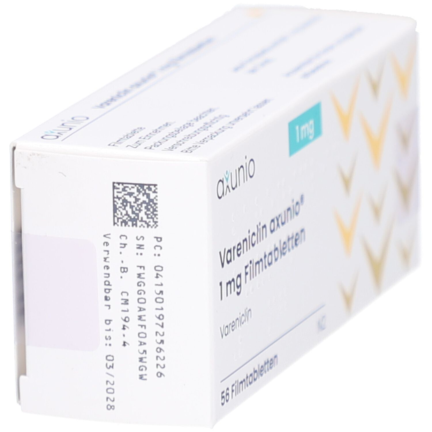 Schachtel mit Vareniclin axunio 1 mg Filmtabletten. Seitenansicht. Logo axunio. 1 mg Markierung. Barcode und Verfallsdatum.