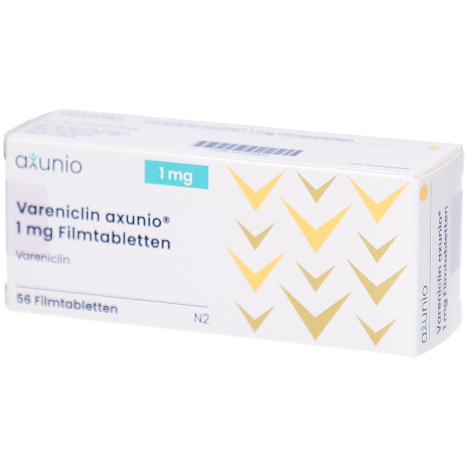 Schachtel mit Vareniclin axunio 1 mg Filmtabletten. Aufschrift: 56 Filmtabletten. Logo axunio. Blaue 1 mg Markierung.