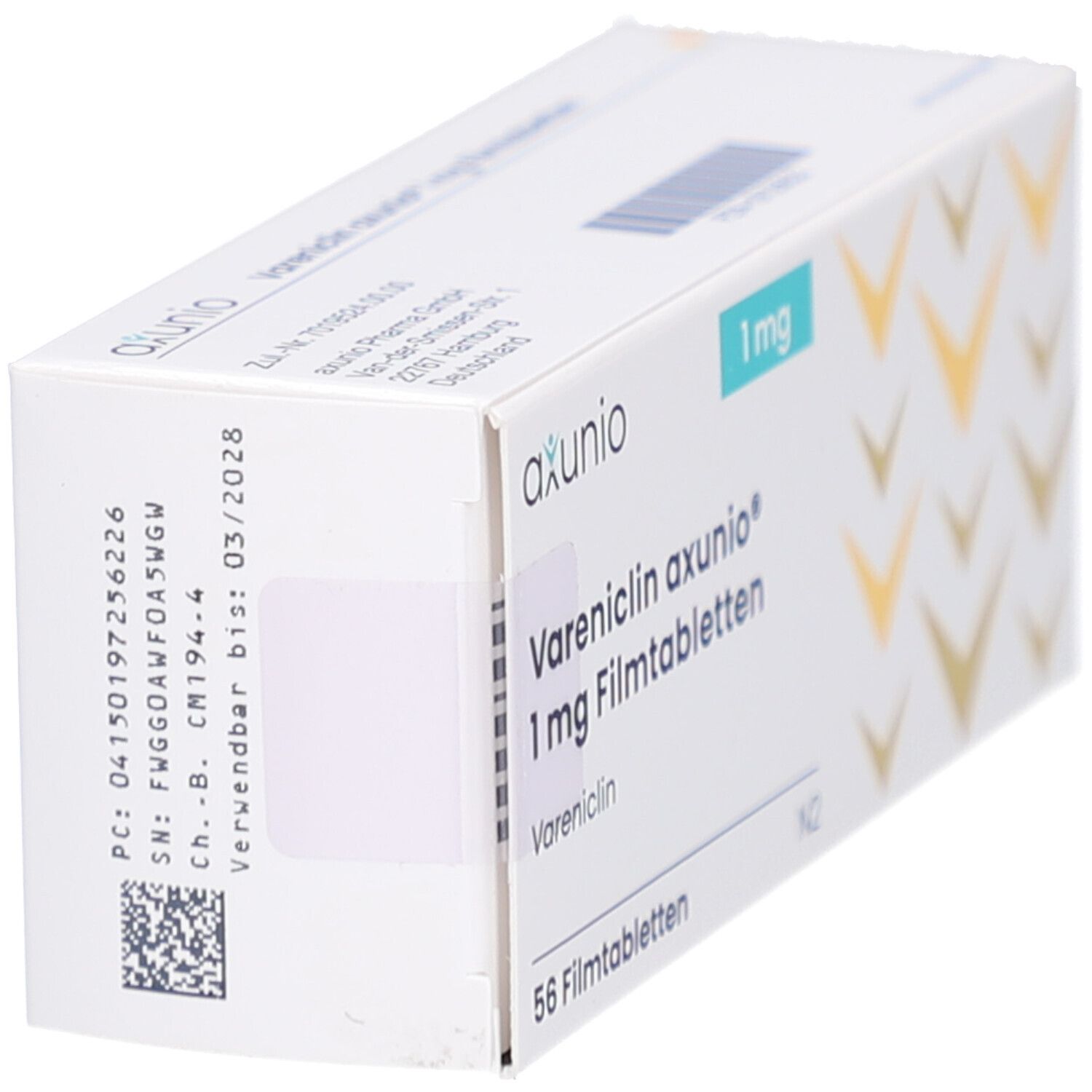 Schachtel mit Vareniclin axunio 1 mg Filmtabletten. Seitenansicht. Logo axunio. 1 mg Markierung. Barcode und Verfallsdatum.