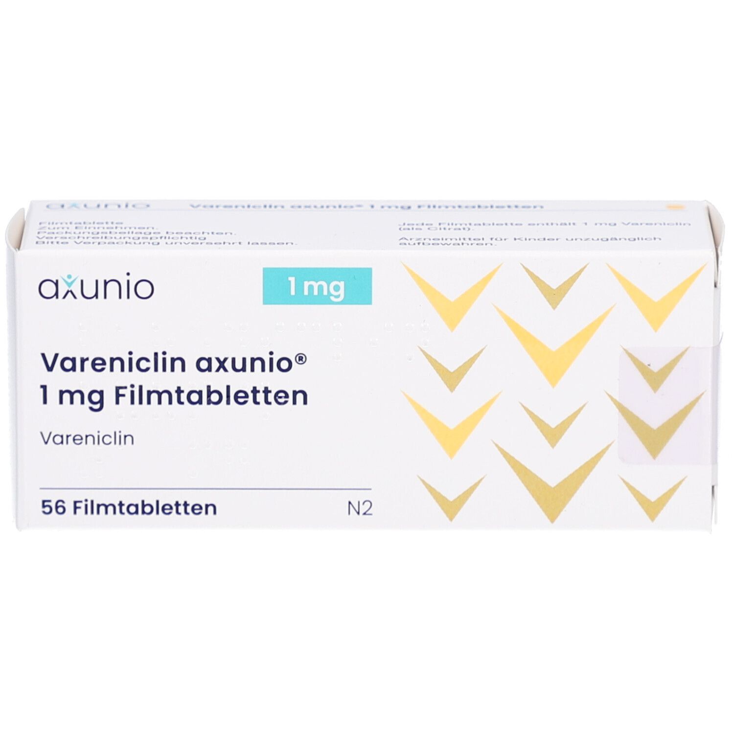 Schachtel mit Vareniclin axunio 1 mg Filmtabletten. Aufschrift: 56 Filmtabletten. Logo axunio. Blaue 1 mg Markierung.