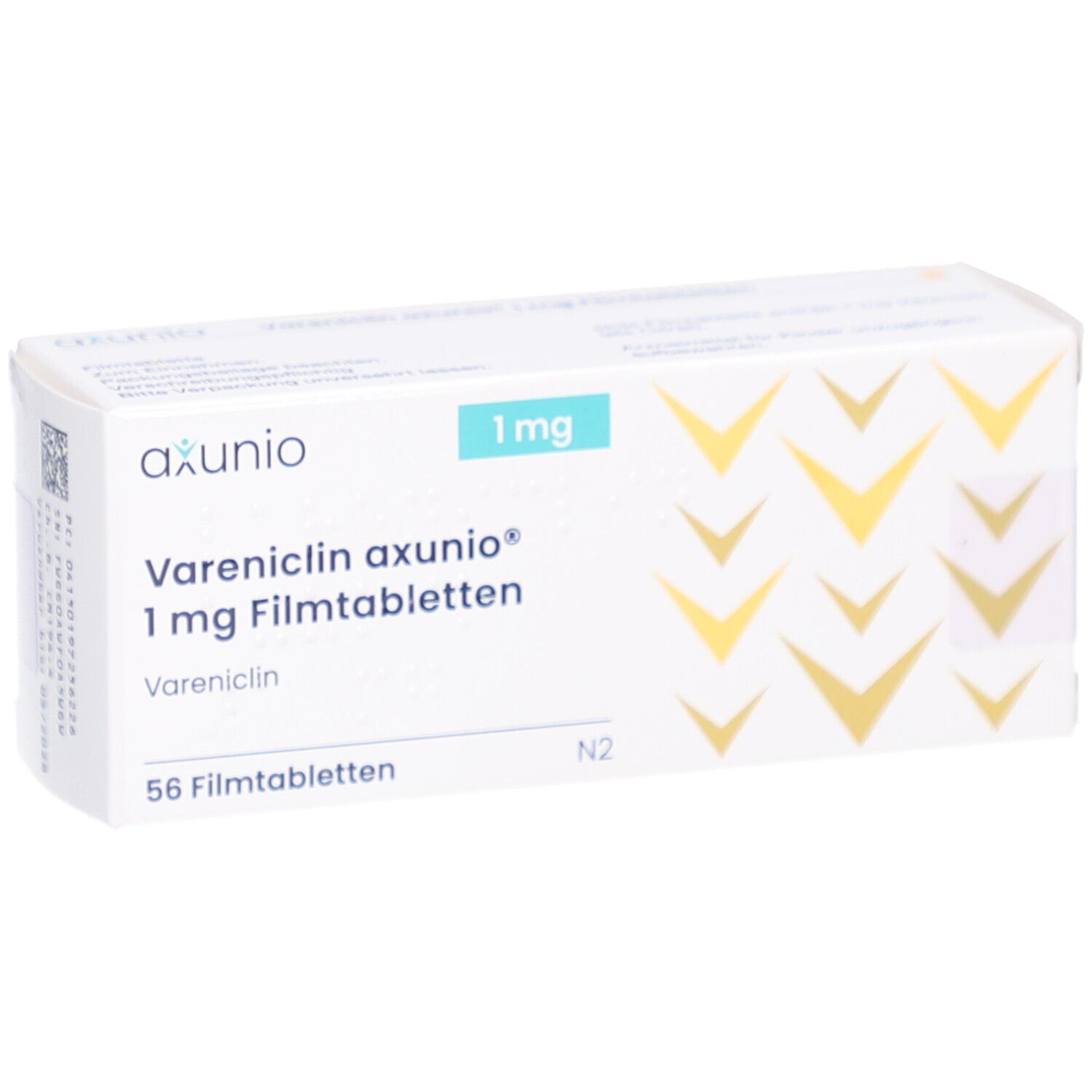 Schachtel mit Vareniclin axunio 1 mg Filmtabletten. Logo axunio. Blaue 1 mg Markierung. Aufschrift: 56 Filmtabletten.