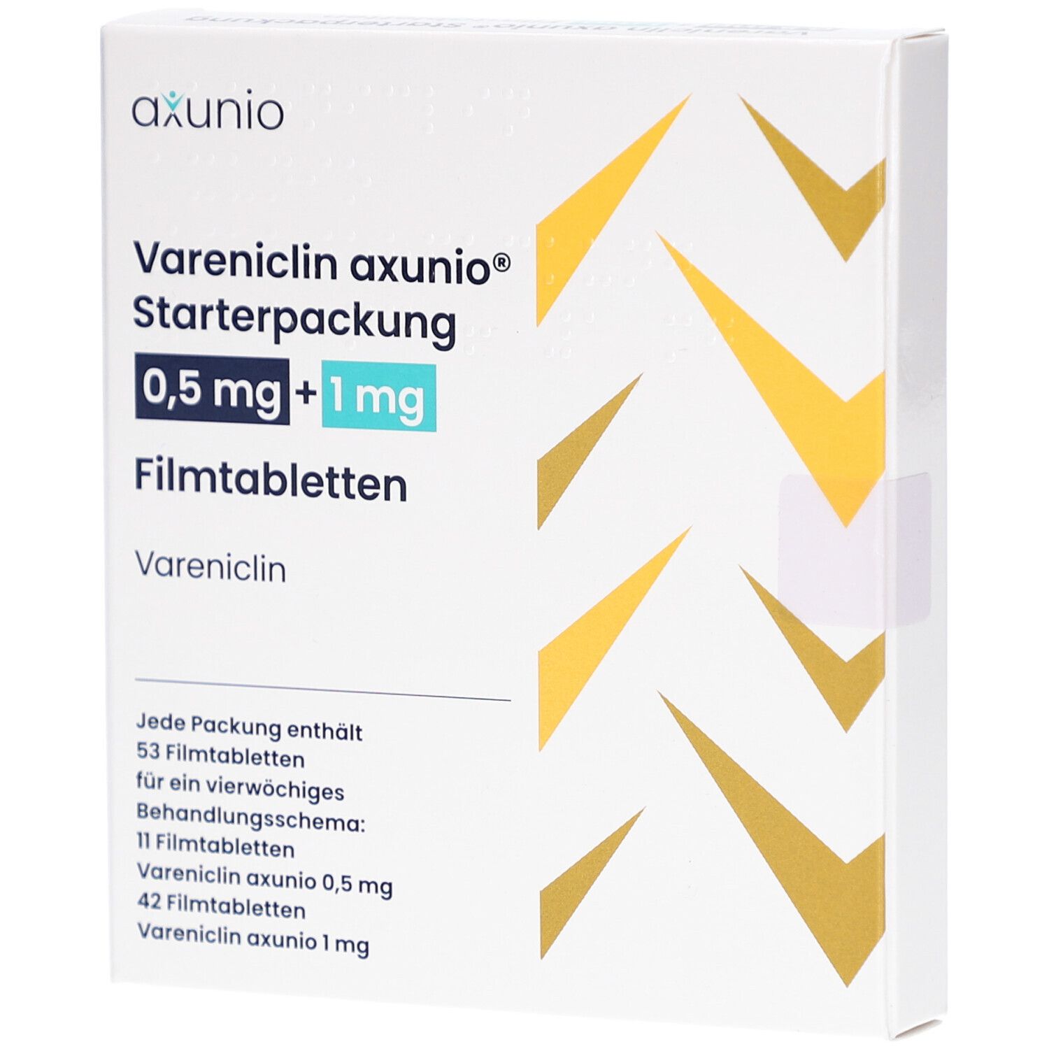 Weiße Schachtel mit Aufschrift 'Vareniclin axunio Starterpackung 0,5 mg + 1 mg Filmtabletten'. Gelbe und goldene Designelemente.