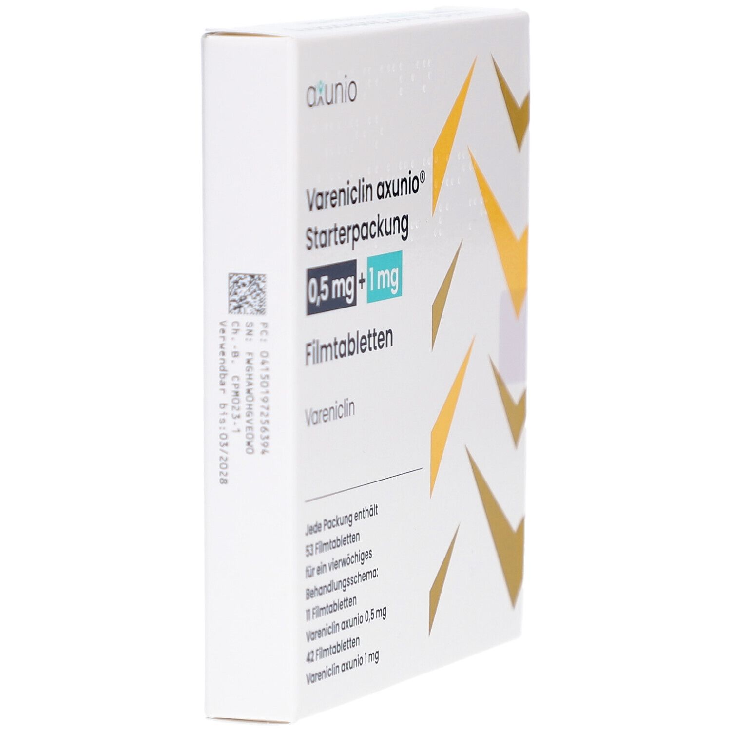 Weiße Schachtel, seitliche Ansicht. Aufschrift 'Vareniclin axunio Starterpackung 0,5 mg + 1 mg Filmtabletten'. Mit Barcode.