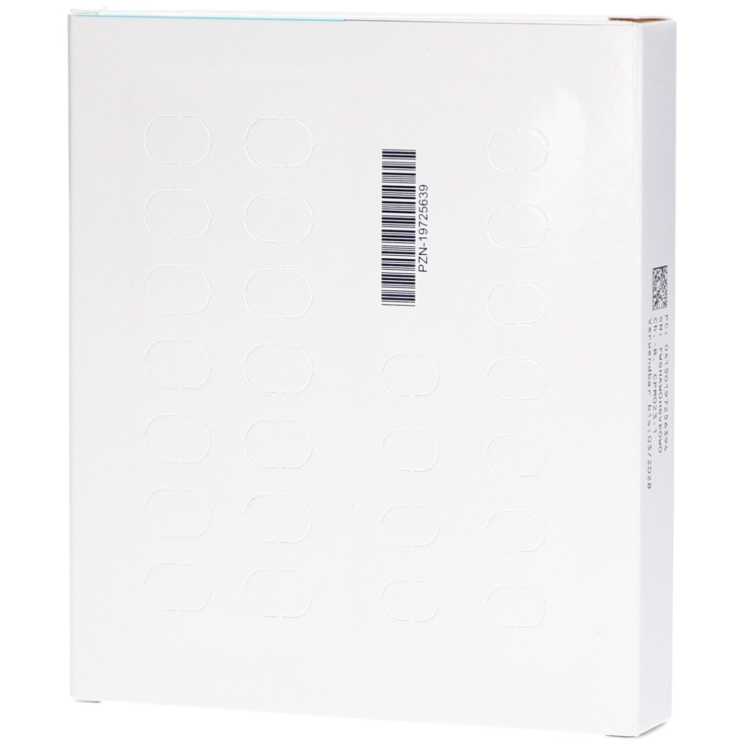 Weiße Schachtel, Rückseite. Barcode und geprägte Kreise. PZN-19725639.